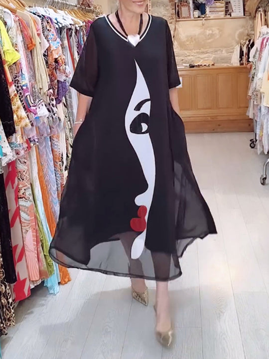 Damen nan luftiges Chiffon-Maxikleid mit grafischem Gesichtsprint, V-Ausschnitt und seitlichen Eingrifftaschen R&B