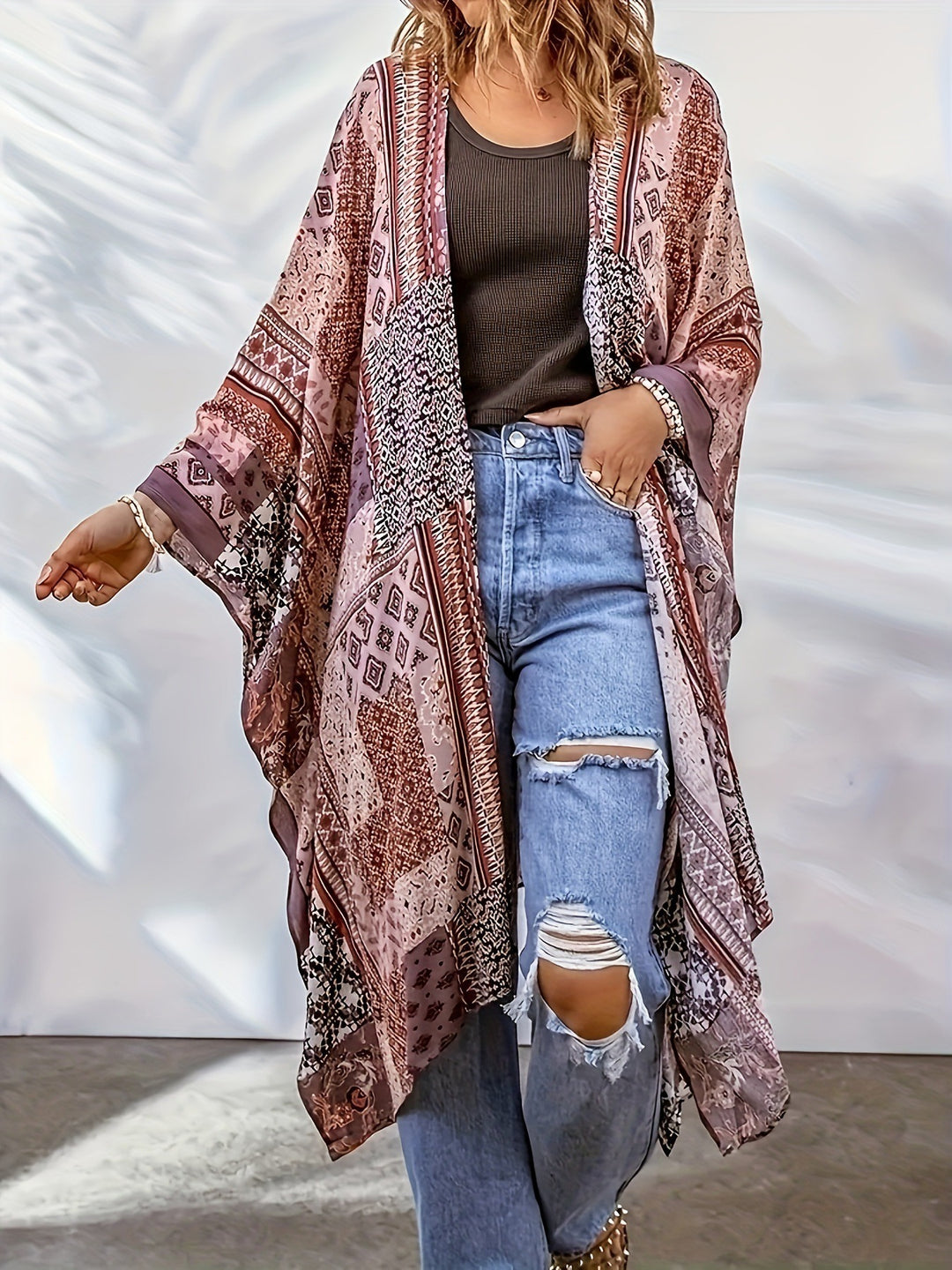 Damen Lässige Kimono-Jacke mit buntem Muster und weitem Schnitt R&B