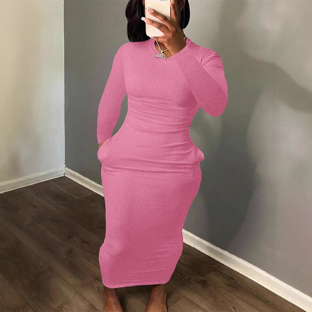 Damen Figurbetontes Rippkleid mit langem Arm und eleganter Silhouette R&B