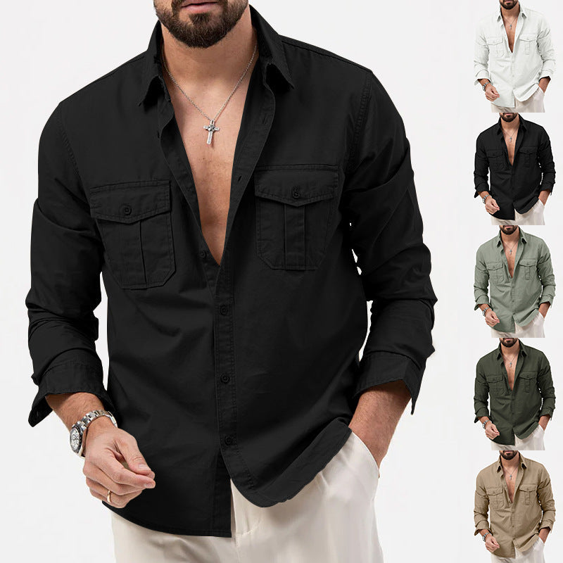 Herren nan Zweiten Brusttaschen-Hemd aus Baumwollmix mit Kentkragen und kastigem Casual-Schnitt R&B