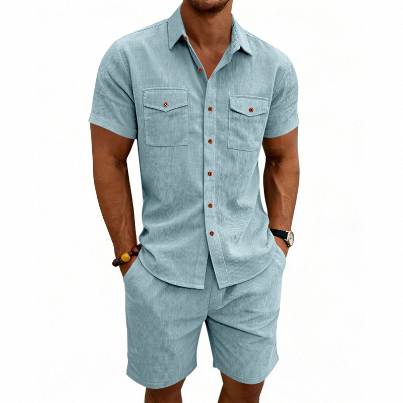 Herren nan strukturiertes Cord-Freizeitset mit Camp-Kragen-Hemd und lässigen Shorts R&B