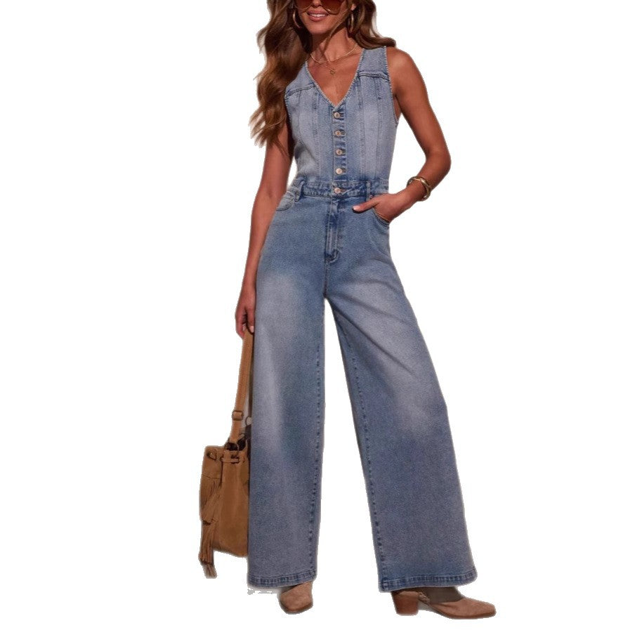 Damen Weit geschnittene Jeans-Jumpsuit mit Knopfleiste und tiefem V-Ausschnitt R&B