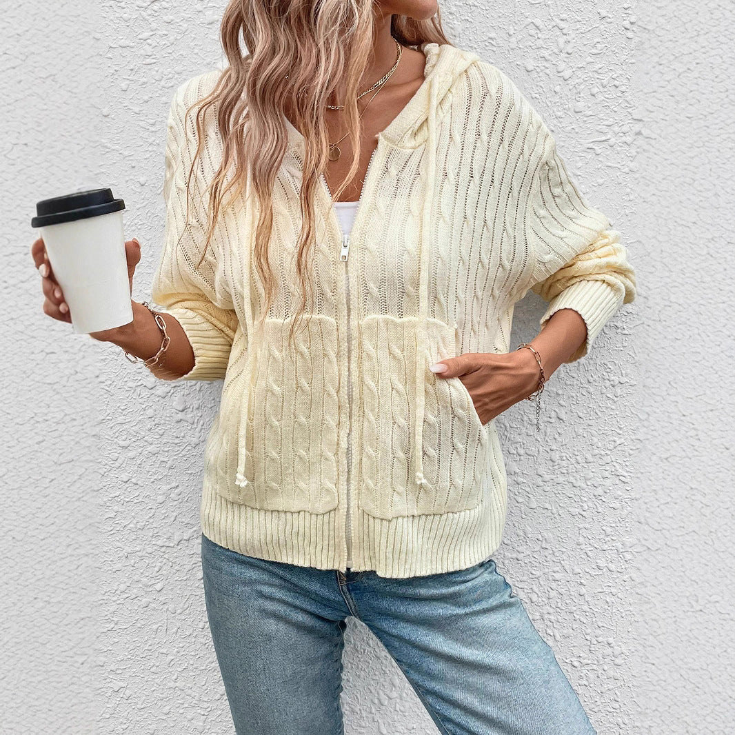 Damen gestreifte Strickjacke mit Reißverschluss und Kapuze R&B