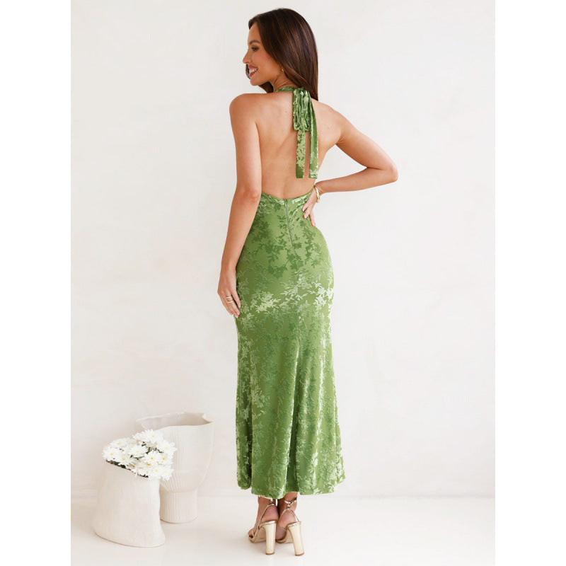 Damen elegantes Maxikleid mit tiefem V-Ausschnitt und transparentem Design R&B