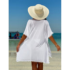 Damen Strandkleid mit dekorativem Pompon-Besatz und elegantem V-Ausschnitt R&B