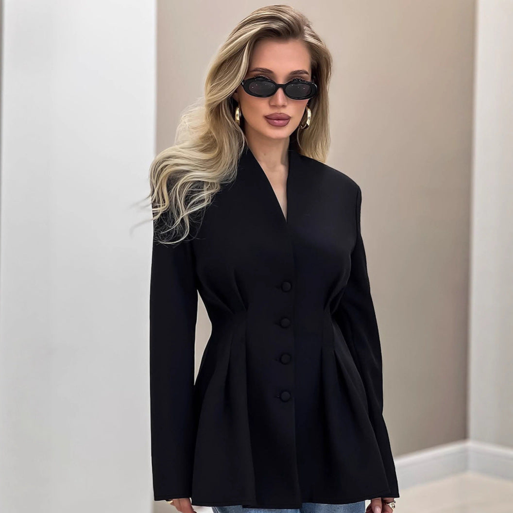 Damen nan figurbetonter Blazer mit Wiener Nähten, bezogenen Knöpfen und taillierter Falten-Silhouette R&B