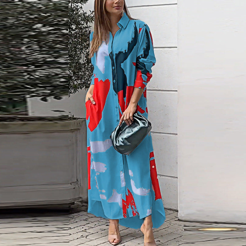 Damen lässiges Hemdblusenkleid mit buntem Grafikdruck und praktischen Taschen R&B