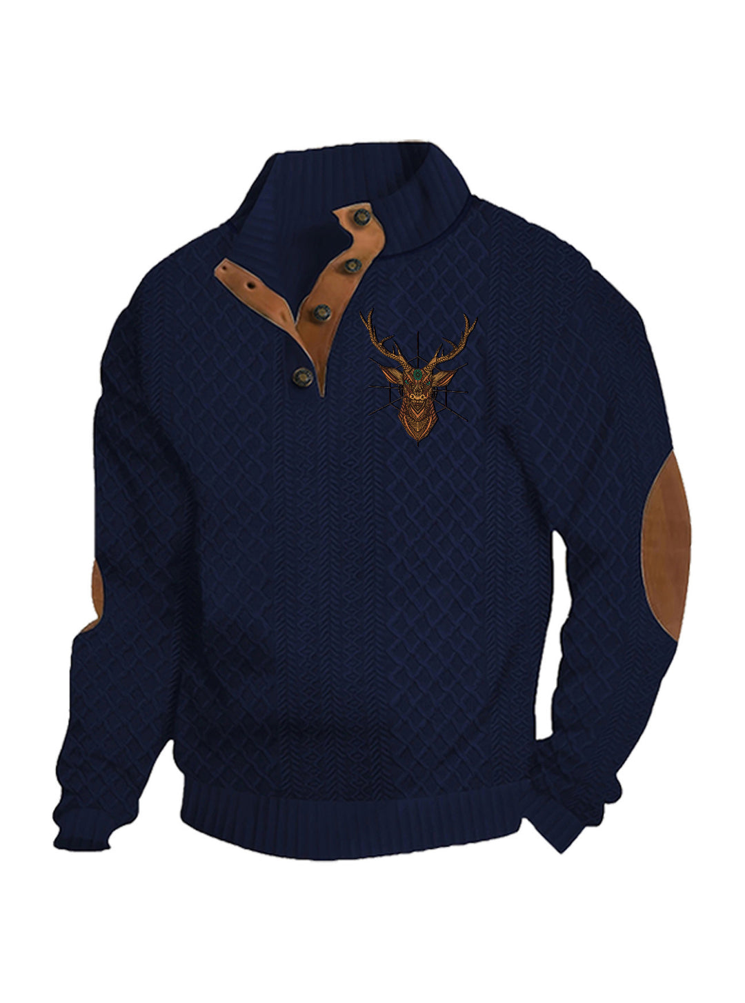 Herren nan Heritage-Strukturpullover mit Stehkragen Lederimitat-Besatz Ellenbogen-Patches und Halbknopfleiste R&B