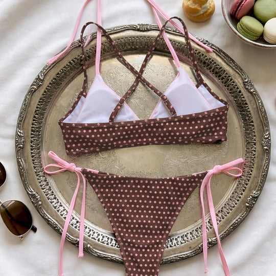 Damen Triangel-Bikini mit verspieltem Punktmuster und verstellbaren Bindebändern R&B