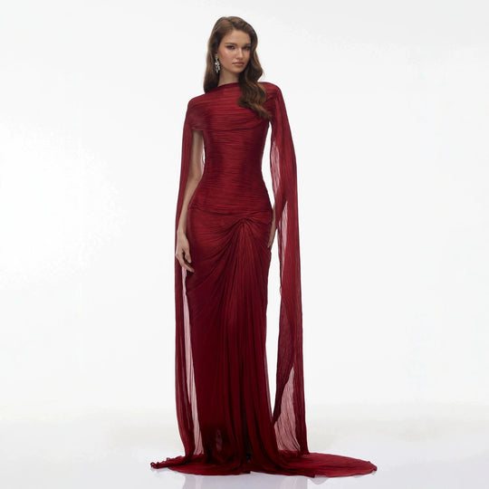 Damen Elegantes Maxikleid mit schulterfreier Silhouette und drapierter Cape-Optik R&B