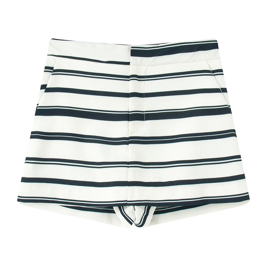 Damen gestreiftes Blazer- und Shorts-Set mit eleganten Knopfdetails R&B