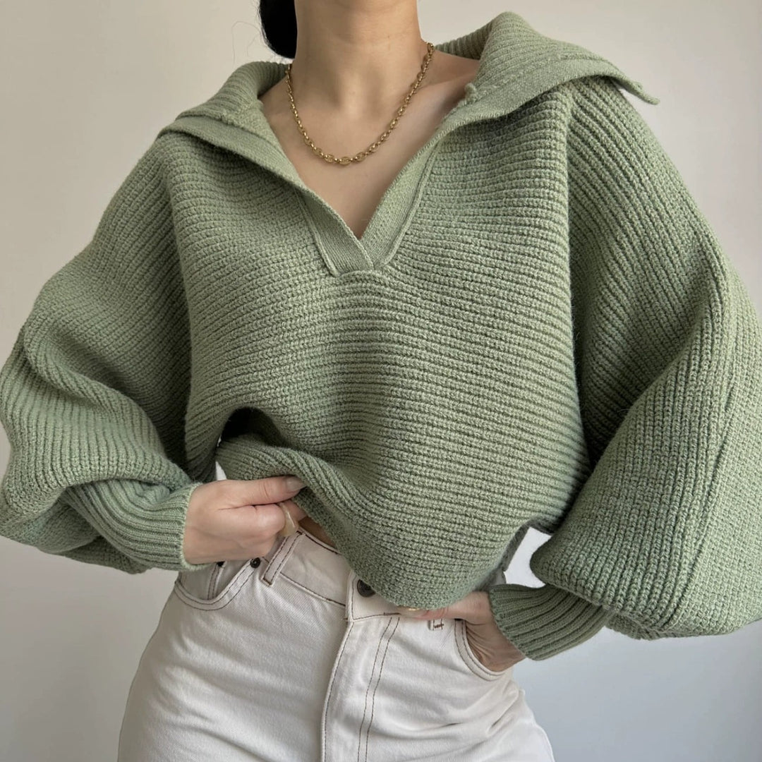 Damen modischer Strickpullover mit lässigem V-Ausschnitt und oversized Ärmel R&B