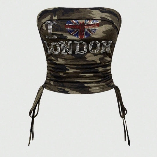 Damen Bustier-Oberteil mit Camouflage-Muster und Strass-Applikationen R&B