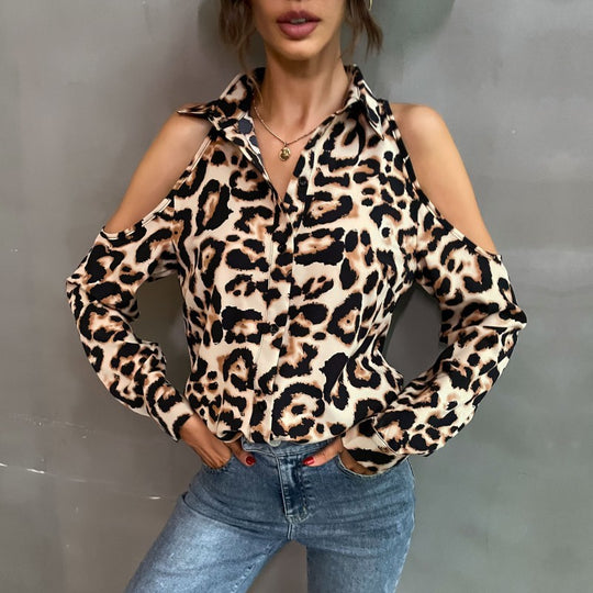 Damen Bluse mit offenen Schultern und Leopardenmuster R&B