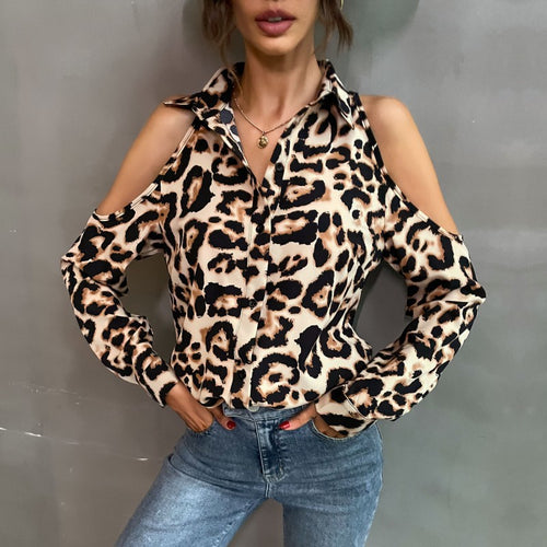 Damen Bluse mit offenen Schultern und Leopardenmuster R&B