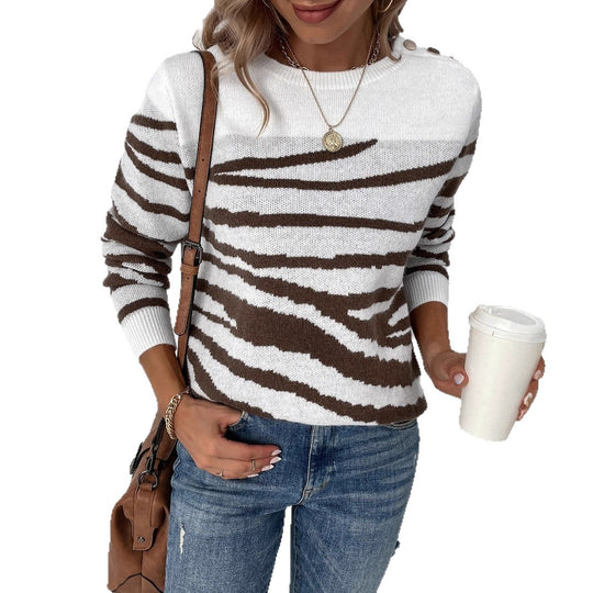 Damen gemütlicher Strickpullover mit modernem Zebrastreifen-Muster und komfortablem Schnitt R&B