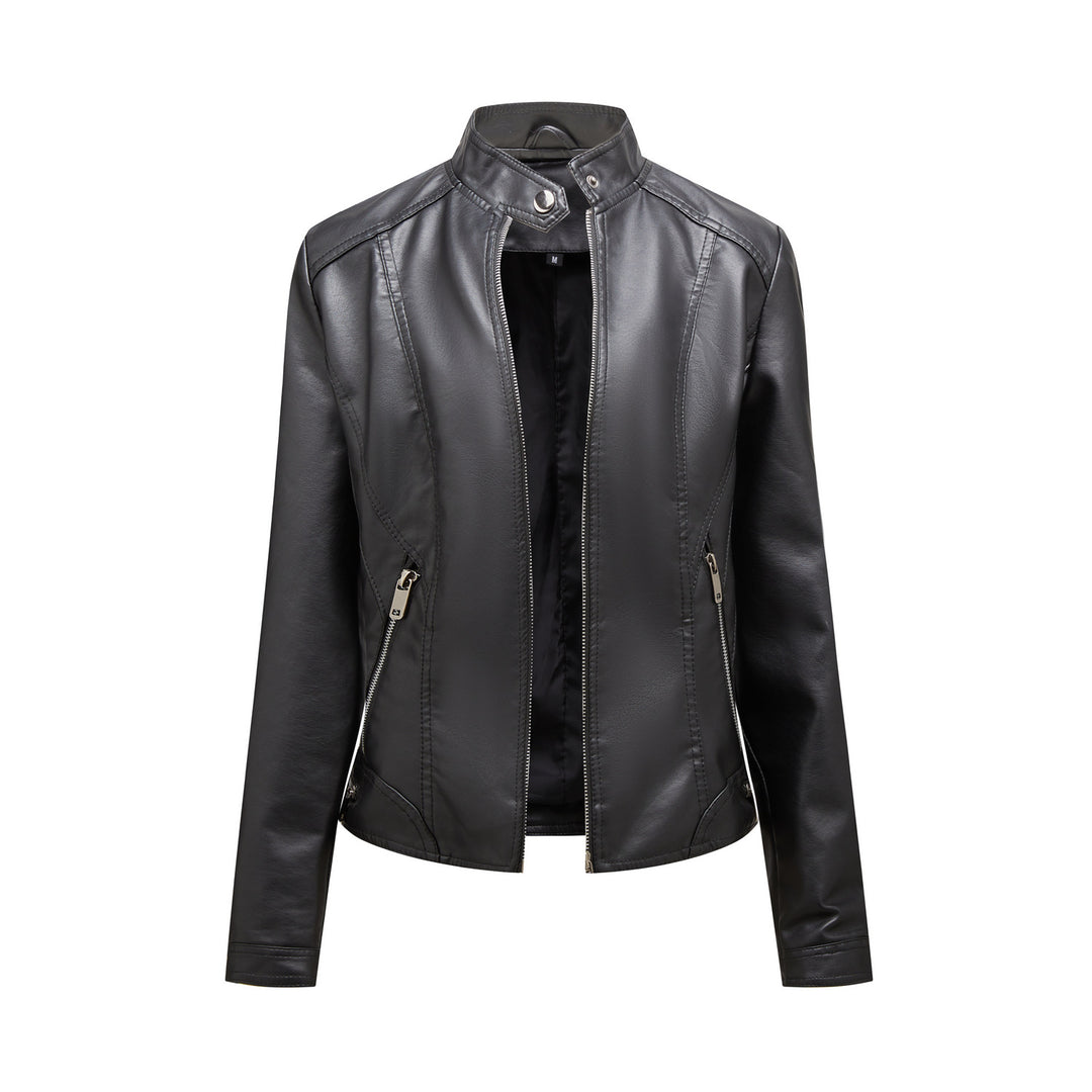 Damen modische Kunstlederjacke mit elegantem Stehkragen und praktischen Reißverschlusstaschen R&B