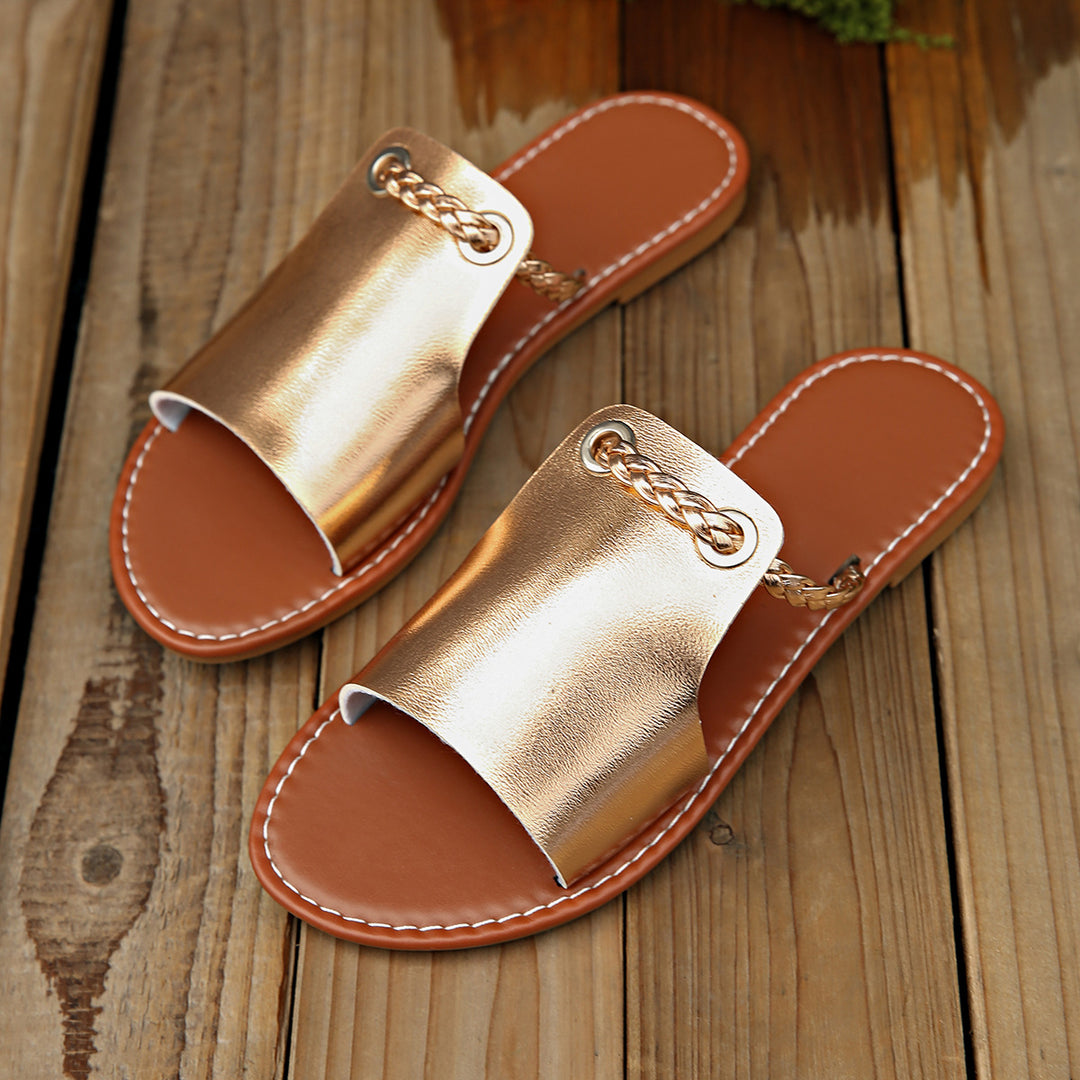 Damen nan elegante flache Pantolette mit breitem Obermaterial und geflochtenem Zehenriemen R&B