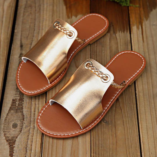 Damen nan elegante flache Pantolette mit breitem Obermaterial und geflochtenem Zehenriemen R&B