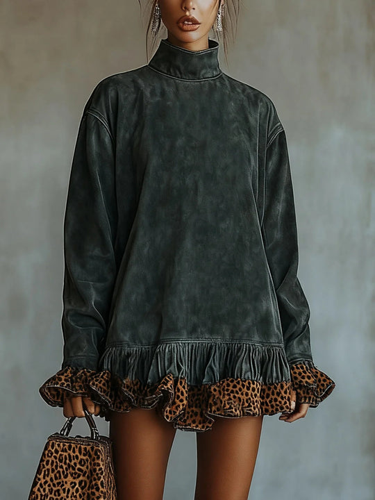 Damen Oversized Sweatkleid mit Leopardenrüsche R&B