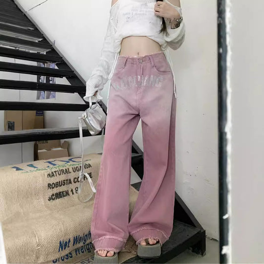 Damen lockere High-Waist Jeans mit fransigem Saum und modischen Schriftzügen R&B