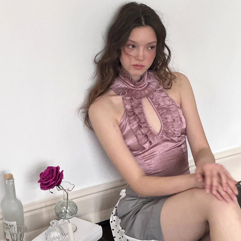 Damen elegantes Top mit rüschendem Stehkragen und tiefem Ausschnitt R&B