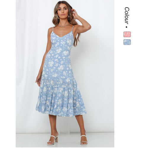 Damen Midi-Kleid mit floralen Rüschen und schwingendem Rock R&B