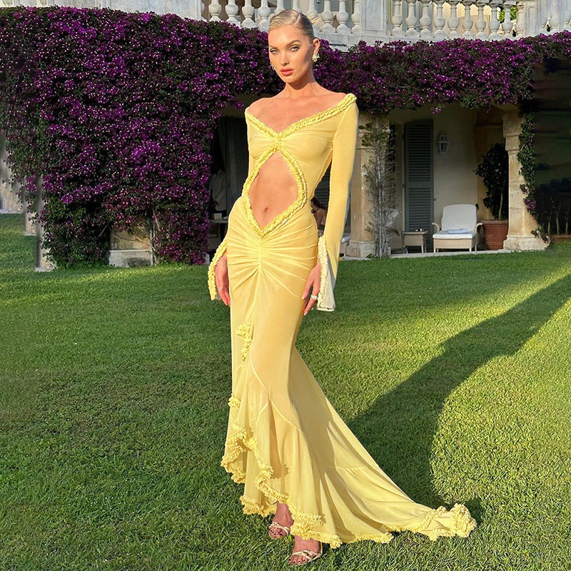 Damen Transparente Maxikleid mit eleganten Rüschendetails und figurbetontem Design R&B