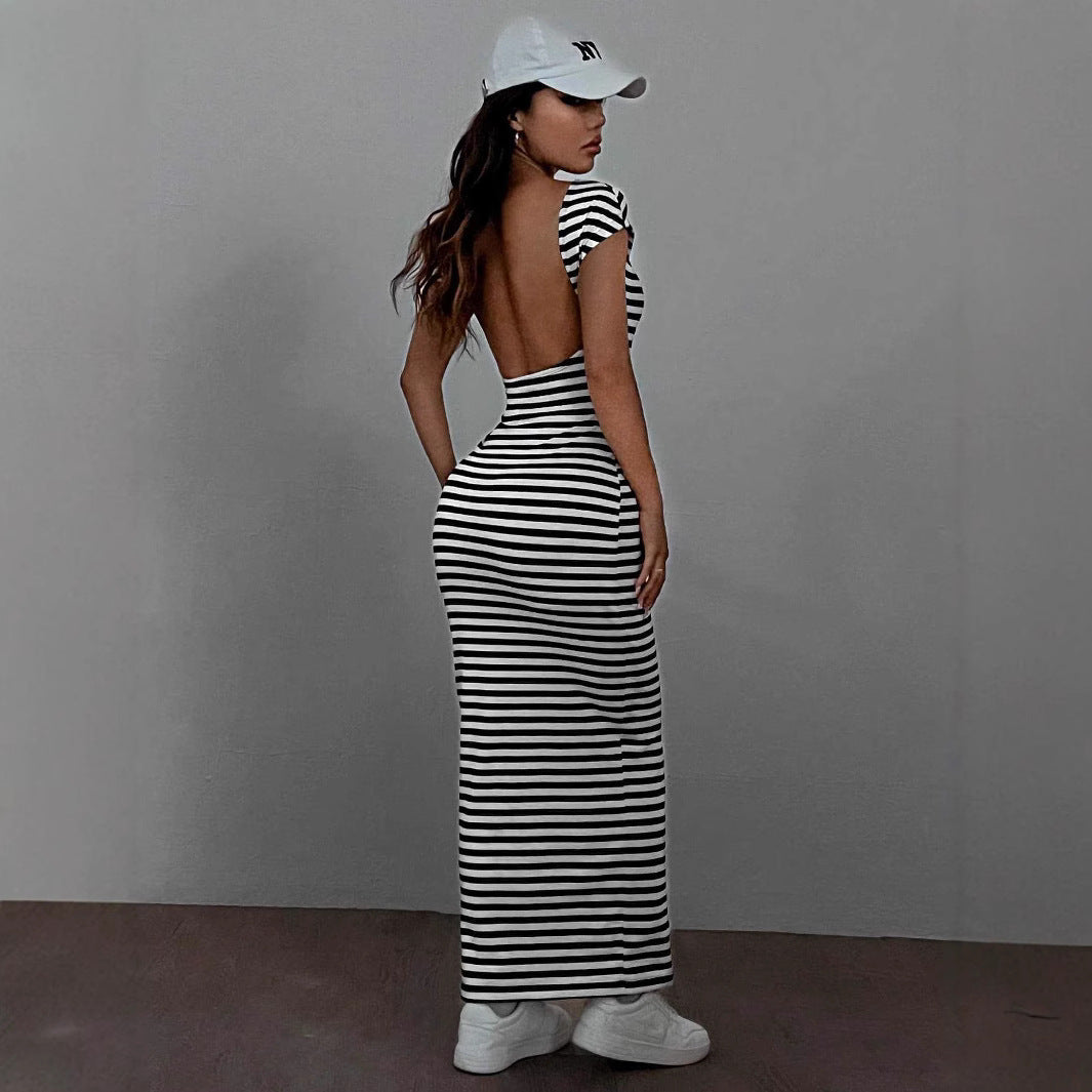 Damen Maxikleid mit offenem Rücken und Stripes