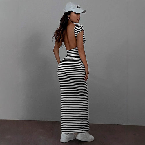 Damen Maxikleid mit offenem Rücken und Stripes R&B