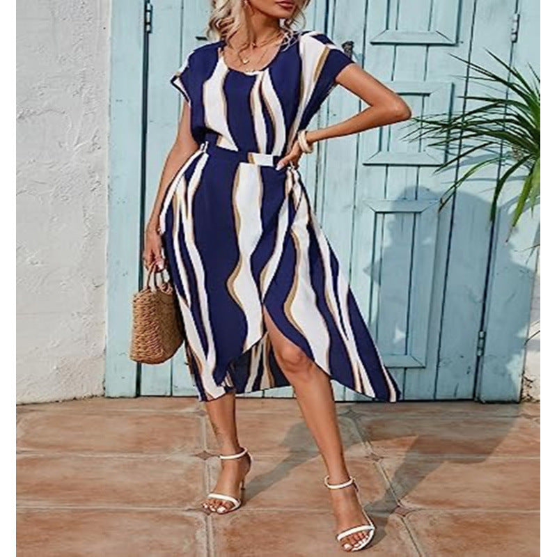 Damen Maxi-Kleid mit modernen Streifen und elegantem Schlitz R&B