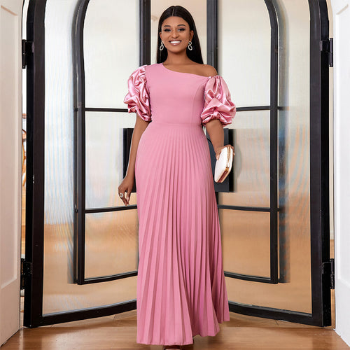 Damen elegantes Maxikleid mit asymmetrischem Schnitt und voluminösen Puffärmeln R&B
