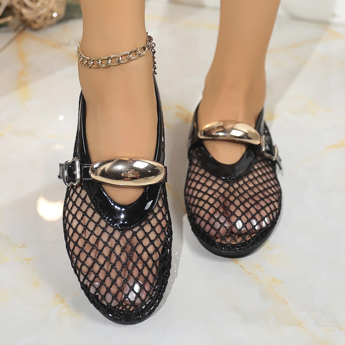 Damen elegante Ballerinas mit netzartigem Obermaterial und dekorativen Schnallen R&B