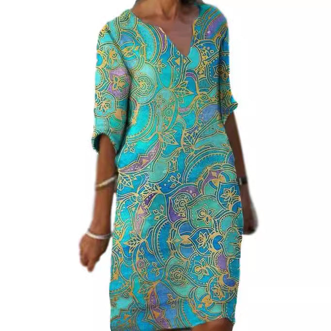Damen Freizeitleichtkleid mit elegantem V-Ausschnitt und buntem Muster R&B