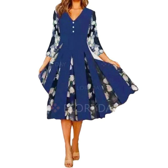 Damen V-Ausschnitt Midi-Kleid mit fließendem Rock und floralem Ärmeldesign R&B
