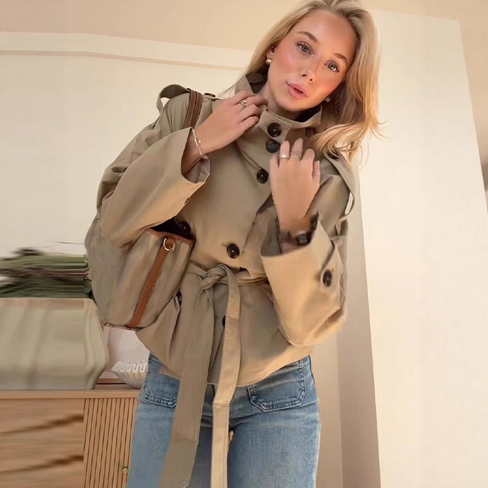Damen stylische Übergangsjacke mit hohem Kragen und Taillengürtel R&B