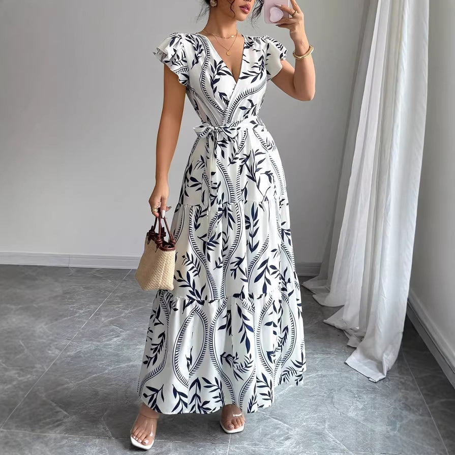 Damen Maxikleid im boho-inspirierten Design mit floralen Elementen und taillierbarem Gürtel R&B