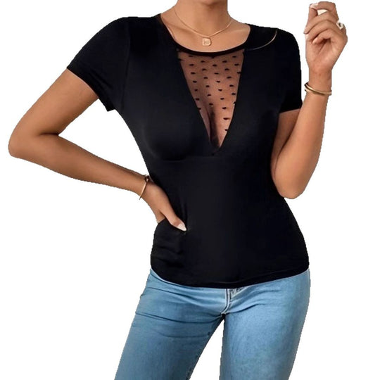 Damen Body mit tiefem V-Ausschnitt und transparenter Netzeinsätzen R&B