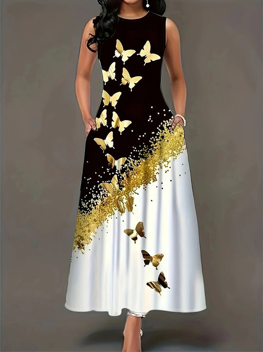 Damen Maxikleid mit elegantem Schmetterlingsdesign und praktischen Taschen R&B