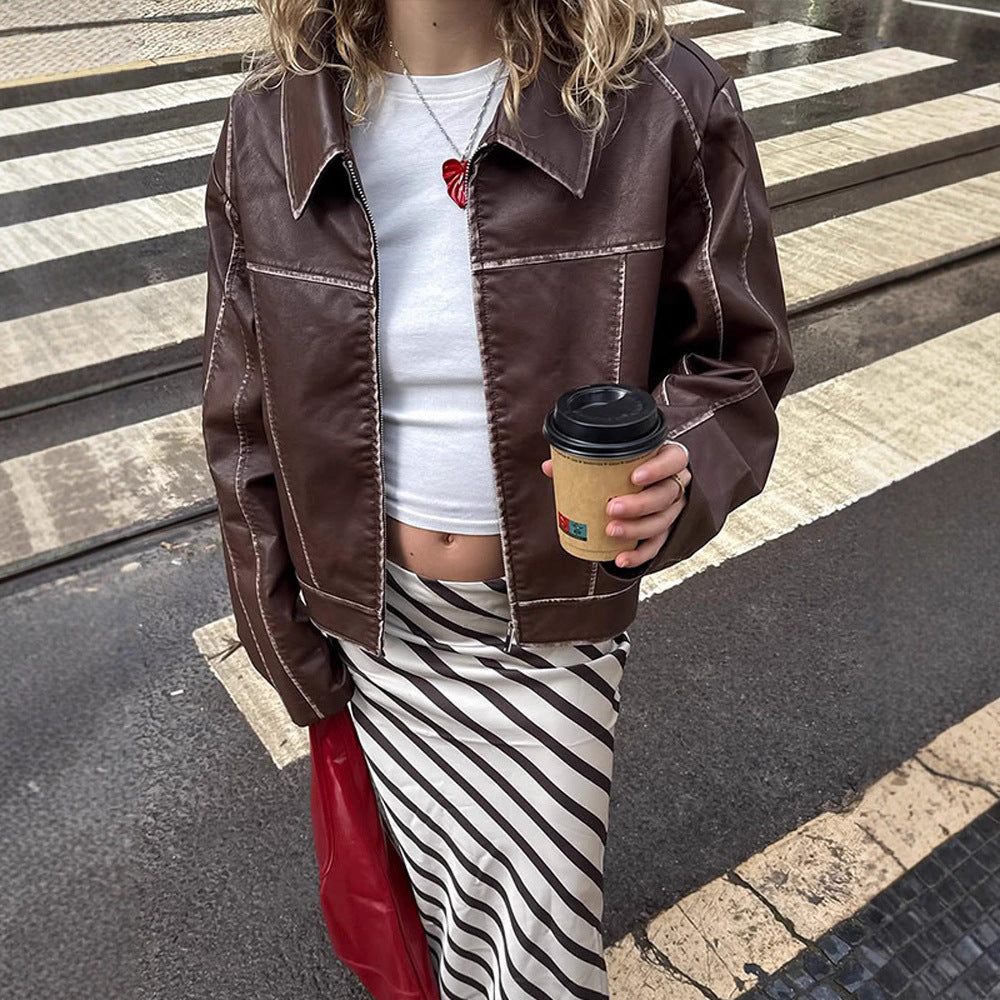 Damen cropped Kunstlederjacke mit feinen Nähten und weitem Schnitt R&B