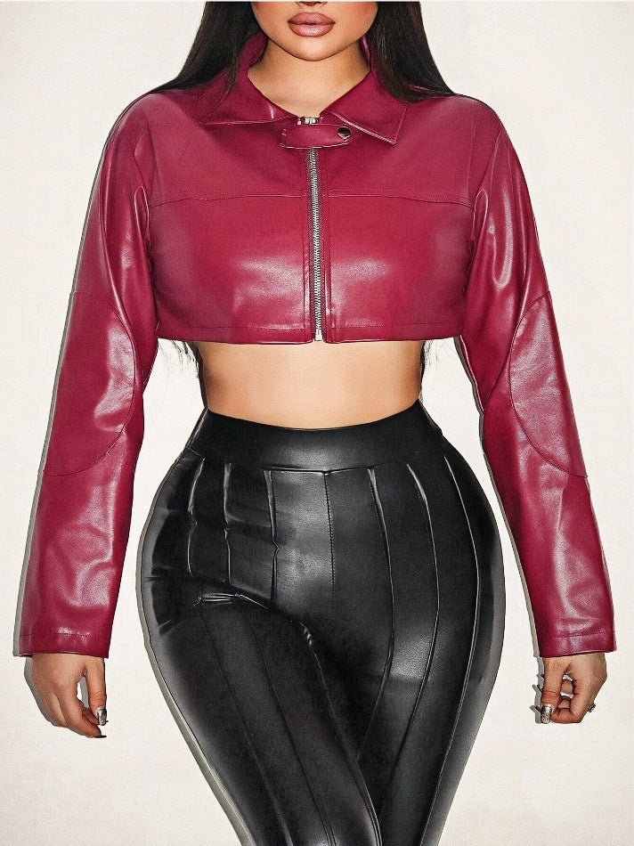 Damen cropped Kunstlederjacke mit innovativem Reißverschluss R&B