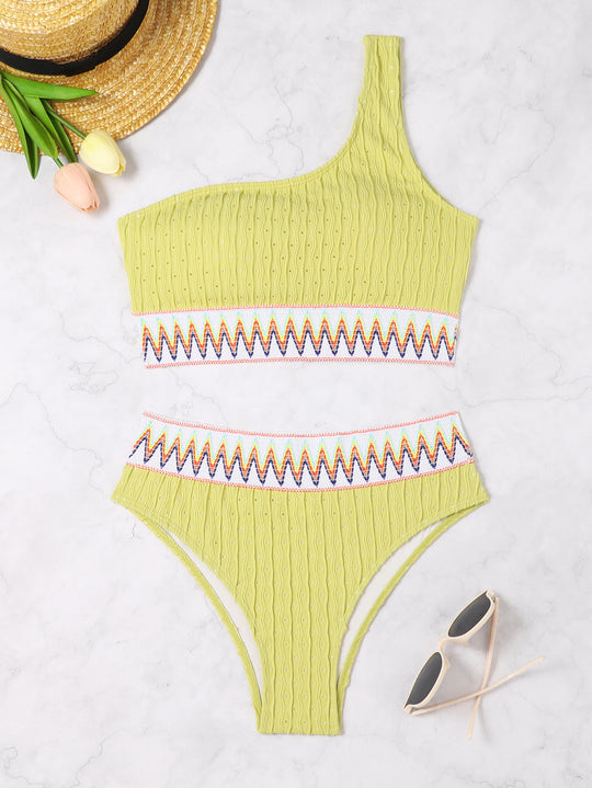 Damen Einseitiger Crop-Bikini mit buntem Jacquardband R&B