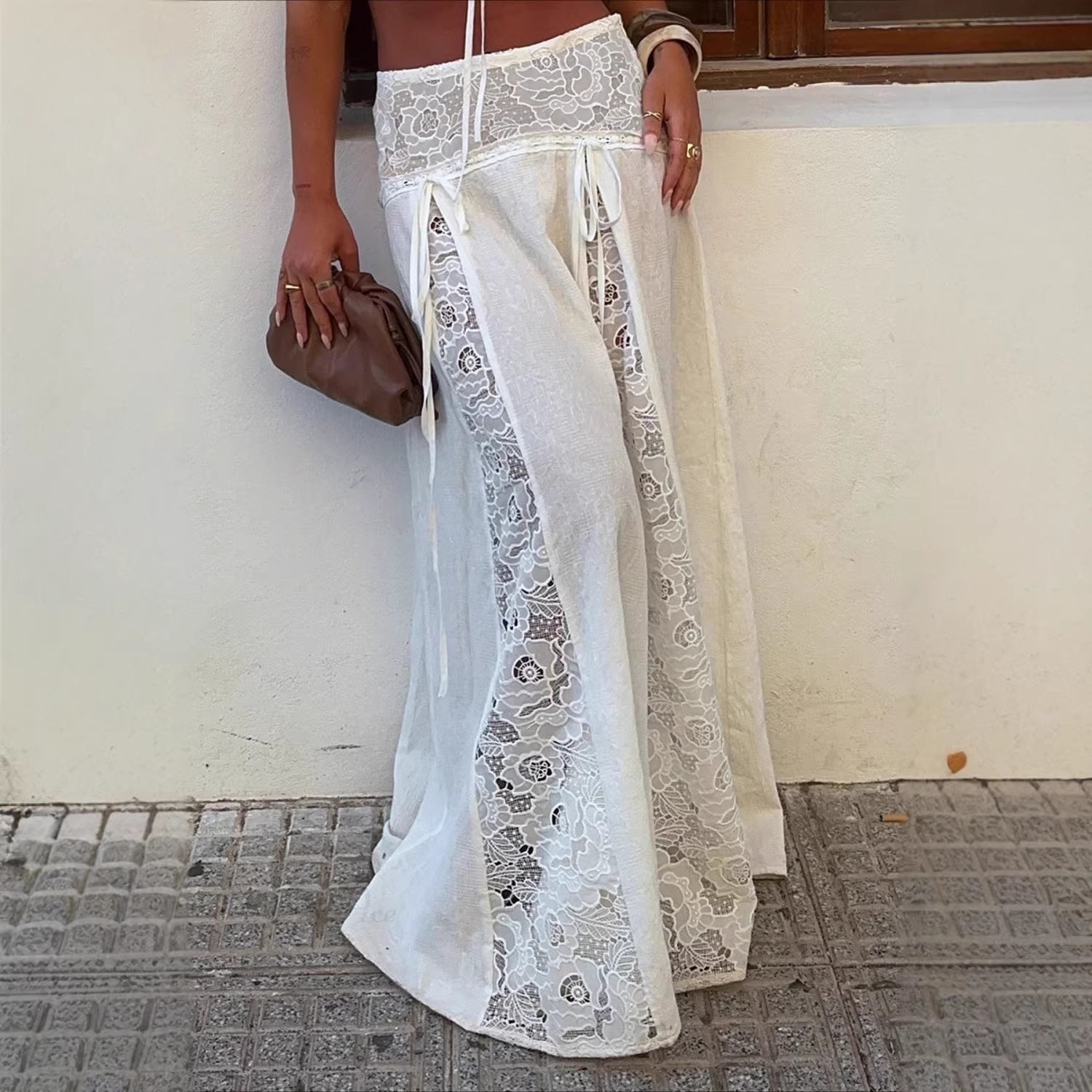 Damen Maxi-Rock mit elegantem Spitzen-Design und seitlichen Bändern R&B