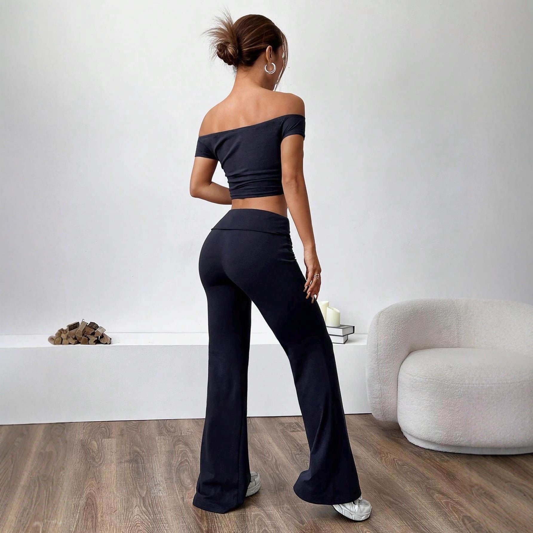 Damen Off-Shoulder Crop-Top und weite Hose Set R&B