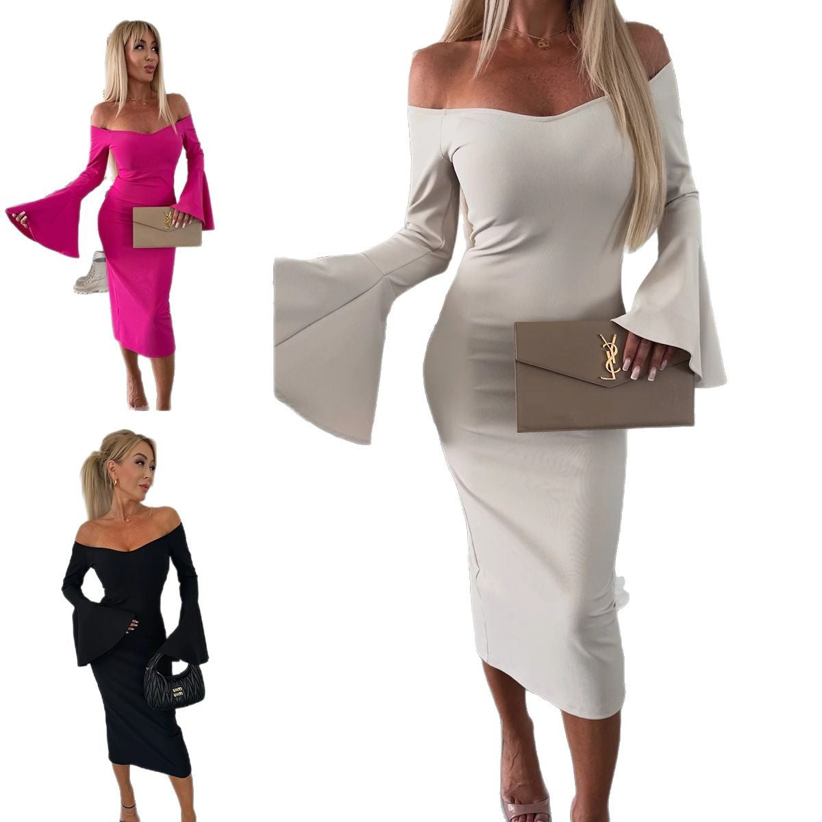 Damen Figurbetontes Wickelkleid mit schulterfreiem Design und weit geschnittenen Ärmeln R&B