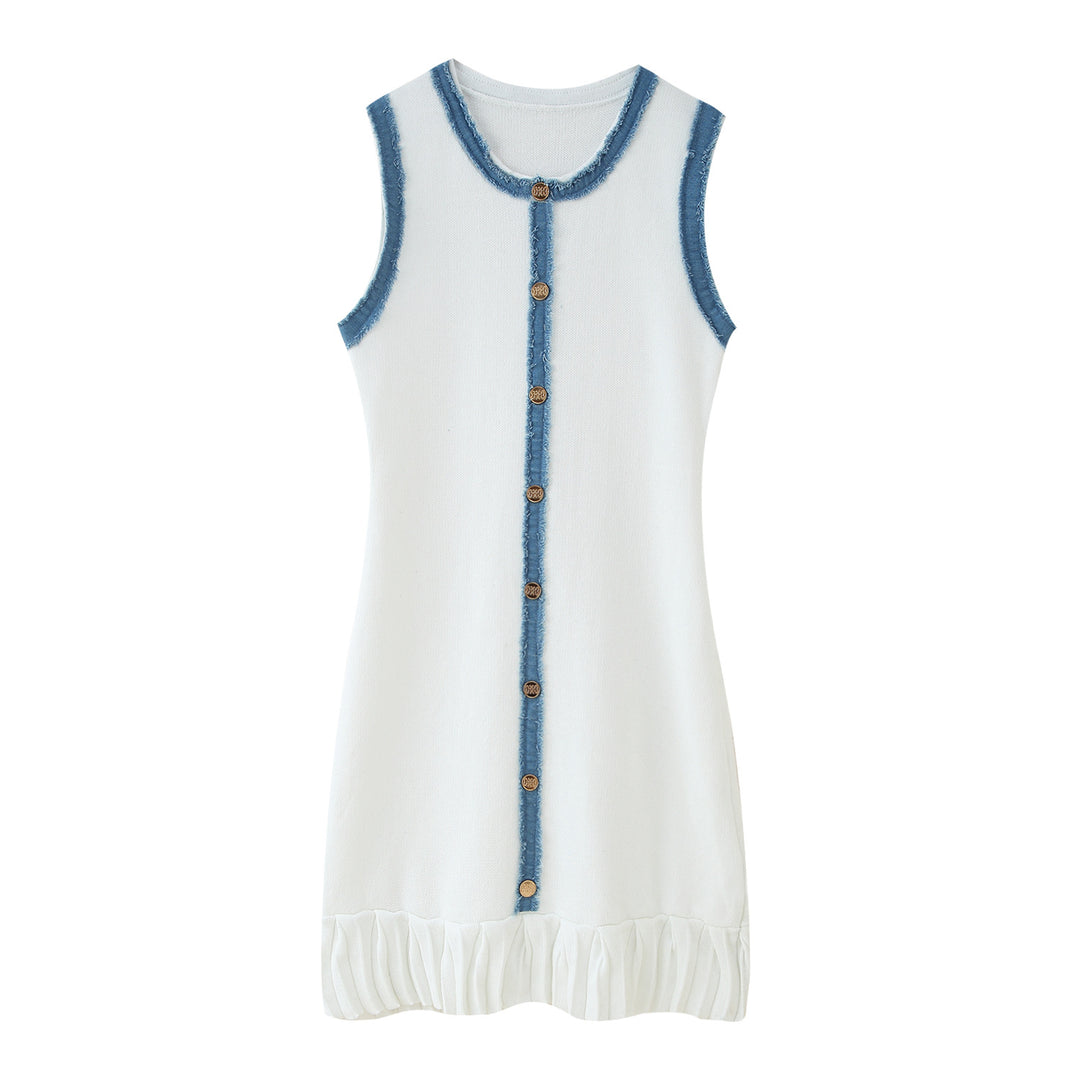Damen ärmelloses Sommerkleid mit Knopfdetail und Rüschensaum R&B