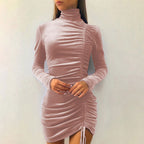Damen figurbetontes Samtkleid mit Stehkragen und Raffung R&B