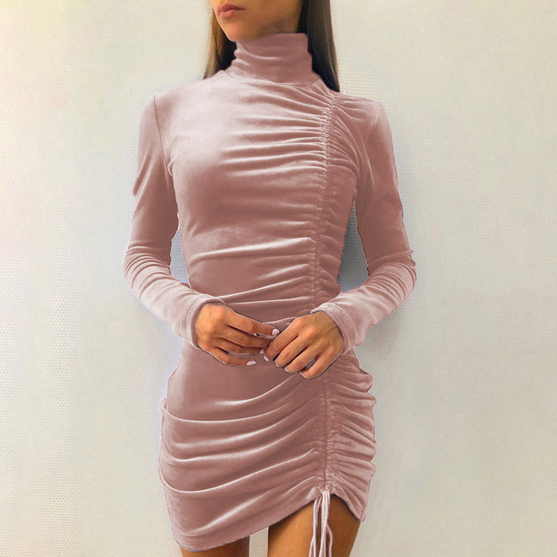 Damen figurbetontes Samtkleid mit Stehkragen und Raffung R&B