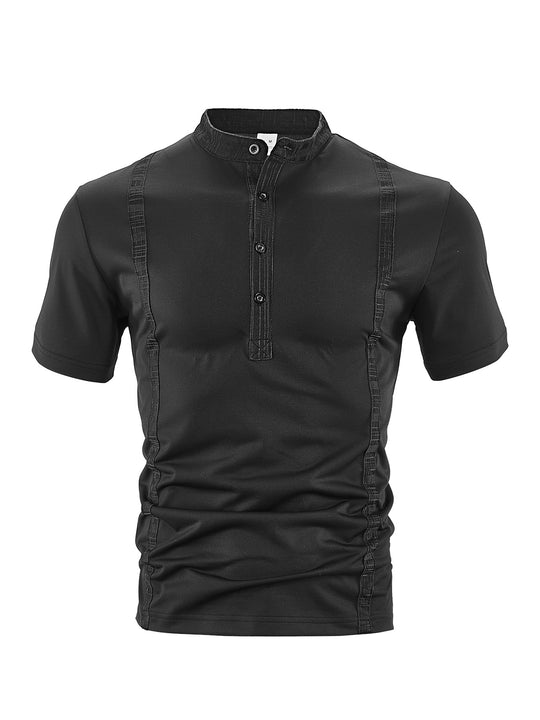 Herren nan Kurzarm-Stehkragenshirt mit verdeckter Knopfleiste, Zierpaspeln und figurbetonter Silhouette R&B