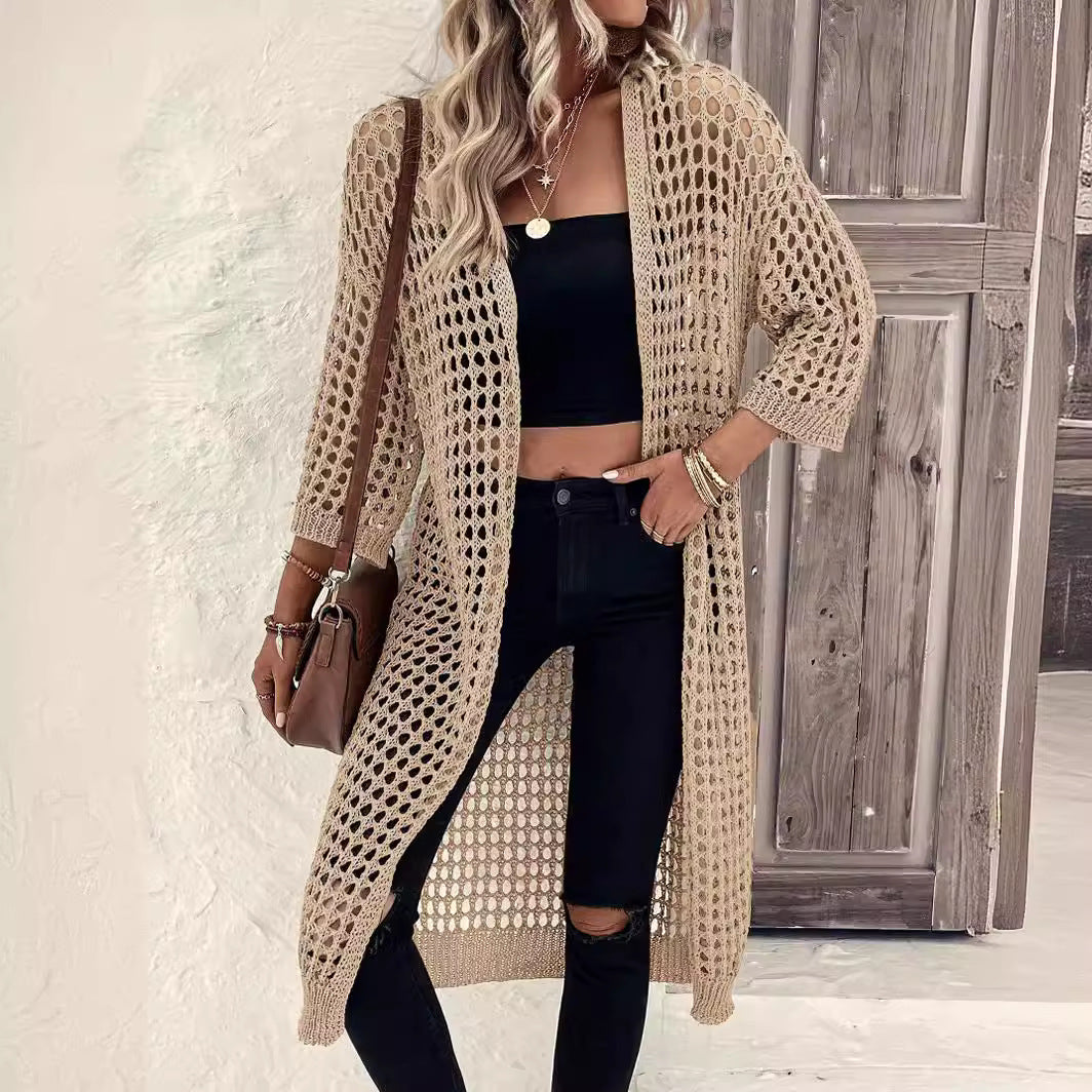 Damen Luftige Häkeljacke mit offenem Design und weiten Ärmeln R&B